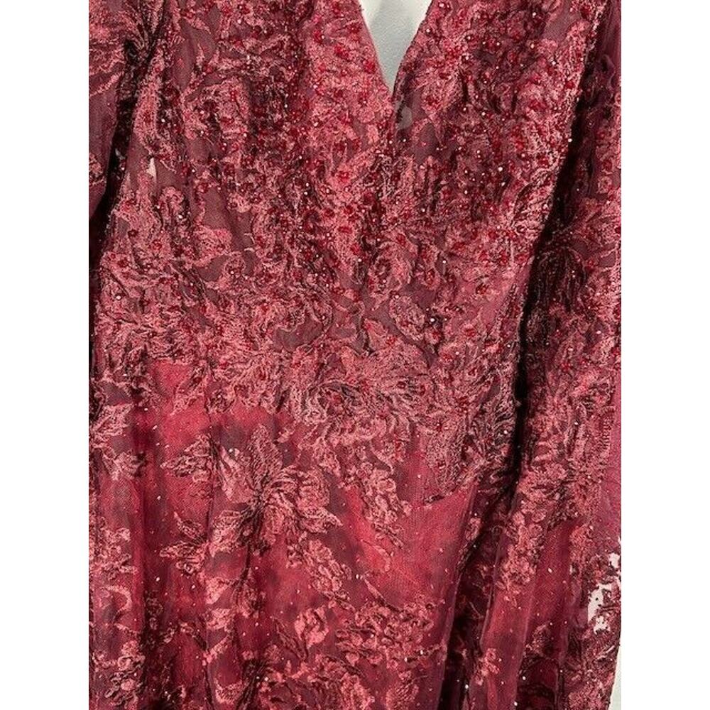 NWT Mac Duggal Embellished Illusion Gown Dress Long Sleeve Maroon Plus Size 18 - Picture 9 of 13